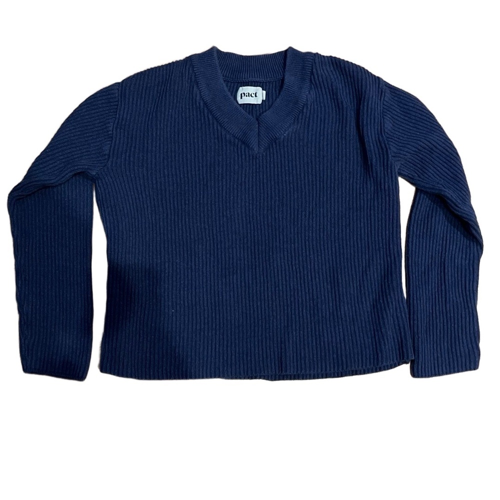 Pact Women Cable Knit V Neck Organic Cotton Long Sleeve Sweater Steel Blue Small